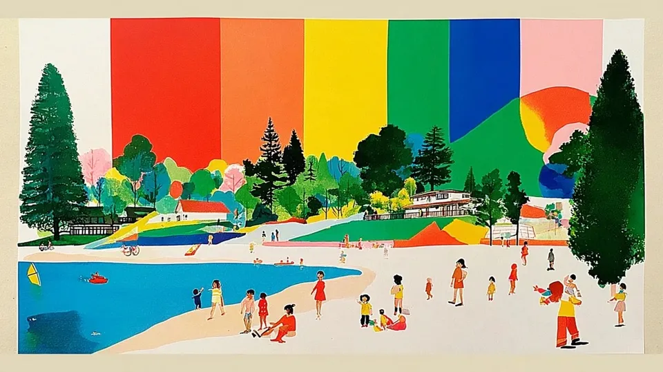 Gentle Ufo Beaming Rainbow-Colored Light, a Midjourney sref remix: a gentle UFO beaming rainbow-colored light over a peaceful pine campground where children draw with crayons, A warm storybook wall of colorful postcard-sized moments picnics, playful retro glow and handmade crayon texture, parades, kites, and seaside afternoons is arranged in a tidy collage grid with a vintage pop-culture charm., playful illustration style