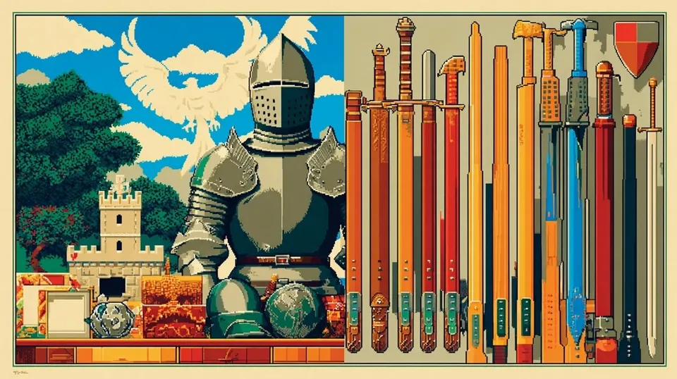 Pixel-Art Armory of a Winged Knight 2, a Midjourney sref remix: pixel-art armory of a winged knight, retro illustration style