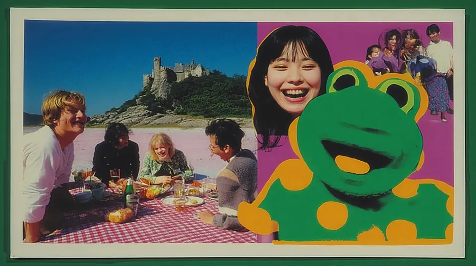 Multigenerational Family Sharing a Picnic 2, a Midjourney sref remix: a multigenerational family sharing a picnic on a rose-colored salt plain beneath one sculptural tree, a freckled woman laughing beside a cheerful green mascot mid-shout, intimate documentary portraiture inside a spare surreal landscape, faded Polaroid softness colliding with punchy neon pop energy, playful graphic style