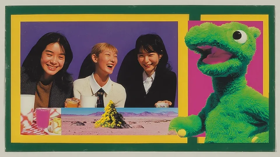 Multigenerational Family Sharing a Picnic 2, a Midjourney sref remix: a multigenerational family sharing a picnic on a rose-colored salt plain beneath one sculptural tree, a freckled woman laughing beside a cheerful green mascot mid-shout, intimate documentary portraiture inside a spare surreal landscape, faded Polaroid softness colliding with punchy neon pop energy, playful graphic style