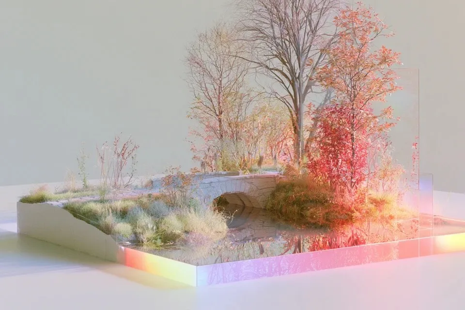 Small Stone Arch Footbridge, a Midjourney sref remix: a small stone arch footbridge crossing a narrow stream, orthographic side view, dreamy 3D style