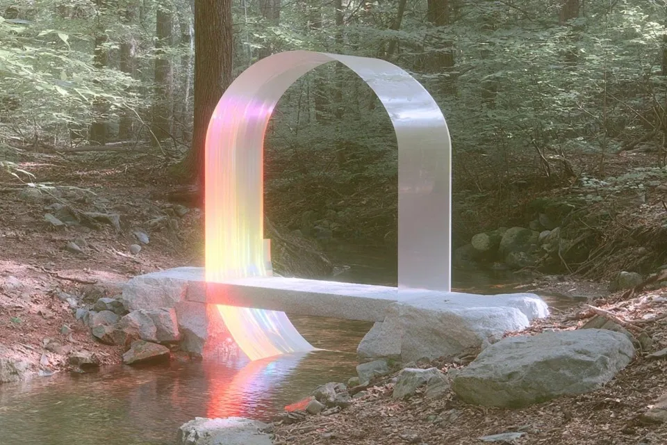 Small Stone Arch Footbridge, a Midjourney sref remix: a small stone arch footbridge crossing a narrow stream, orthographic side view, dreamy 3D style