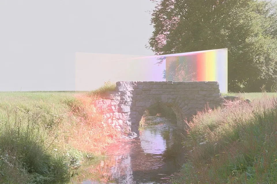 Small Stone Arch Footbridge, a Midjourney sref remix: a small stone arch footbridge crossing a narrow stream, orthographic side view, dreamy 3D style