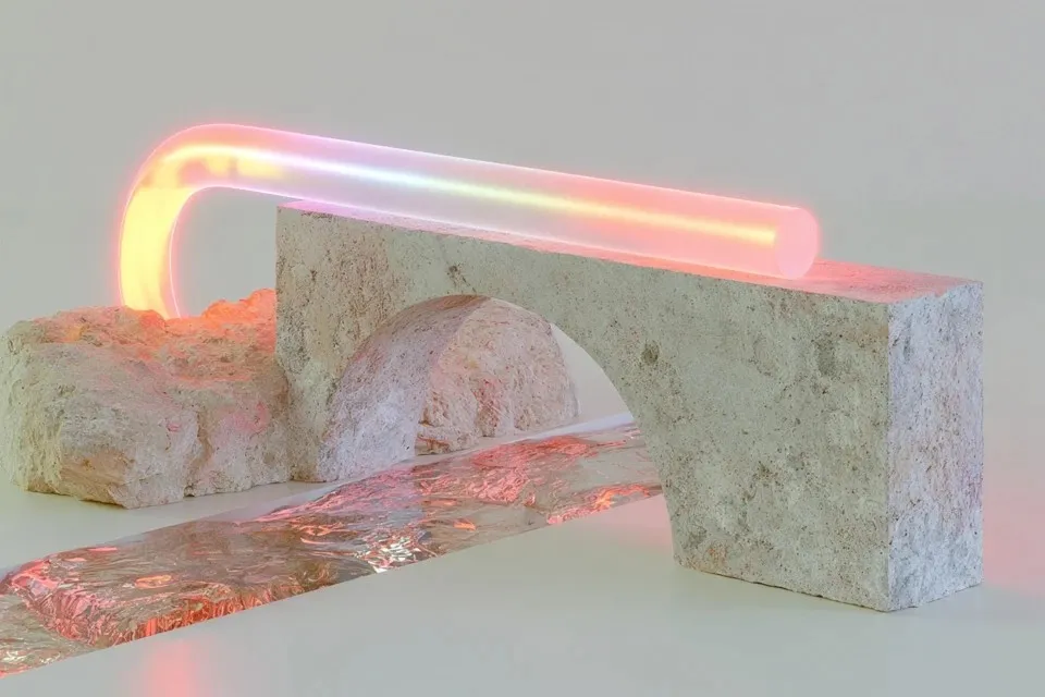 Small Stone Arch Footbridge, a Midjourney sref remix: a small stone arch footbridge crossing a narrow stream, orthographic side view, dreamy 3D style
