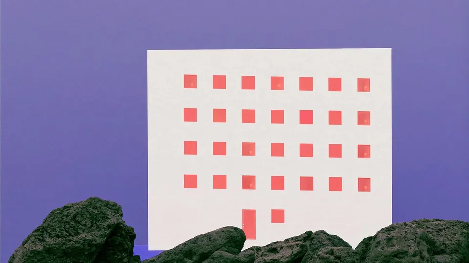 Brutalist Seaside Hotel, a Midjourney sref remix: a brutalist seaside hotel perched above black volcanic rocks at blue hour, tiny amber windows, brutal graphic style