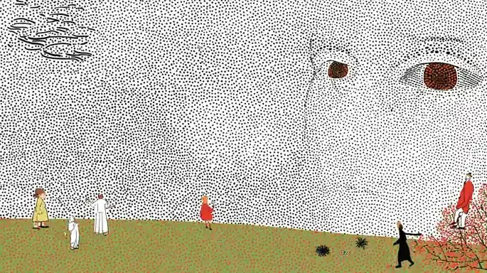 Cheerful Golfers Stroll, a Midjourney sref remix: Cheerful golfers stroll across rolling green hills beneath a sky painted like rolling ocean waves, A dreamy face built from thousands of tiny dots gazes toward a friendly gnome, while a woman in a blooming floral-print gown waves from the fairway., a giant watchful eye, and a floating silver disc in a cool psychedelic collage., surreal illustration style