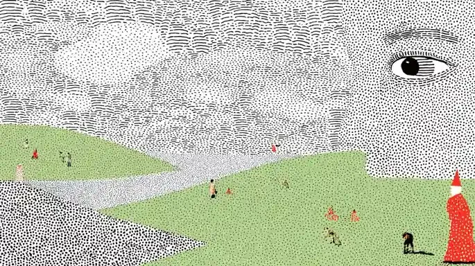 Cheerful Golfers Stroll, a Midjourney sref remix: Cheerful golfers stroll across rolling green hills beneath a sky painted like rolling ocean waves, A dreamy face built from thousands of tiny dots gazes toward a friendly gnome, while a woman in a blooming floral-print gown waves from the fairway., a giant watchful eye, and a floating silver disc in a cool psychedelic collage., surreal illustration style