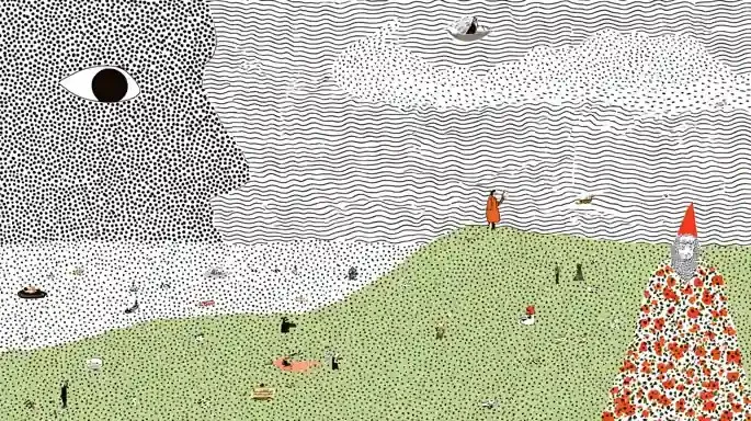 Cheerful Golfers Stroll, a Midjourney sref remix: Cheerful golfers stroll across rolling green hills beneath a sky painted like rolling ocean waves, A dreamy face built from thousands of tiny dots gazes toward a friendly gnome, while a woman in a blooming floral-print gown waves from the fairway., a giant watchful eye, and a floating silver disc in a cool psychedelic collage., surreal illustration style