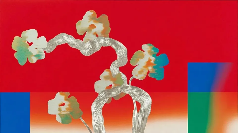 Paper Garden of Painted Flowers Unfurls, a Midjourney sref remix: A paper garden of painted flowers unfurls around a graceful metallic statue whose braided hair catches the soft neon glow of a flower shop at dusk., surreal paint style