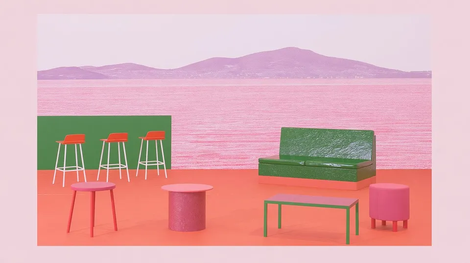 Tiny Geometric Motel Lobby, a Midjourney sref remix: a tiny geometric motel lobby opening onto an immense rose-colored salt flat, Memphis interior objects isolated within a quiet cinematic landscape, dreamy 3D style