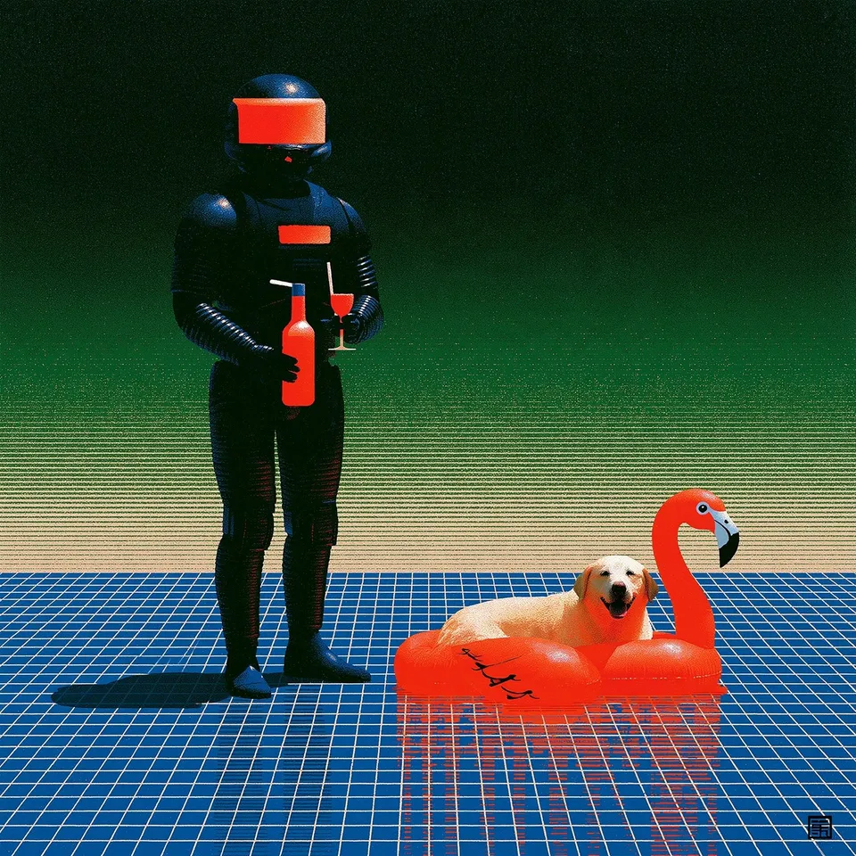 Poolside Paladin, a Midjourney sref remix: A cheerful armored guardian with a glowing orange visor relaxes beside a happy dog drifting on a flamingo float in a retro summer pool., playful illustration style