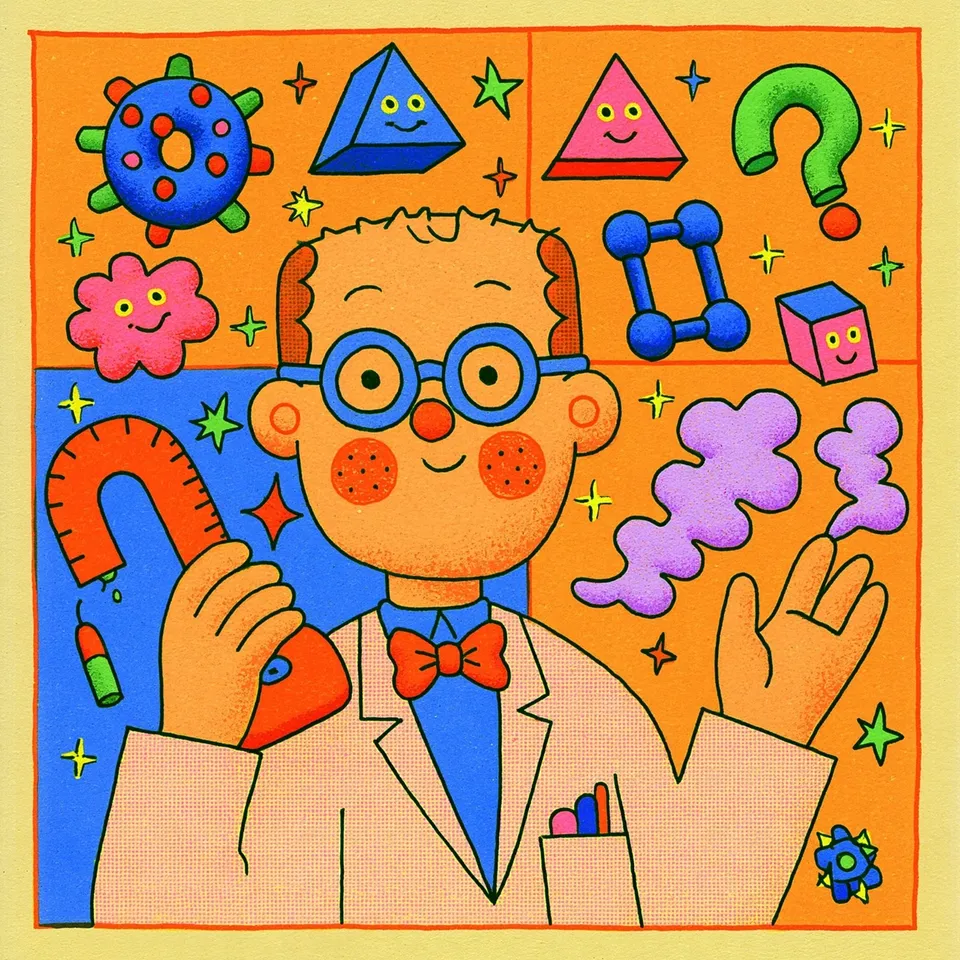The Floating Shape Analyst, a Midjourney sref remix: a cheerful bespectacled scientist in a four-panel retro comic measuring friendly floating geometric shapes, warm cinematic studio light and soft smoke curls, playful illustration style