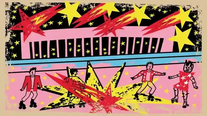 Midnight Roller Rink, a Midjourney sref remix: a midnight roller rink with comet-shaped lights and dancers in handmade costumes, playful illustration style