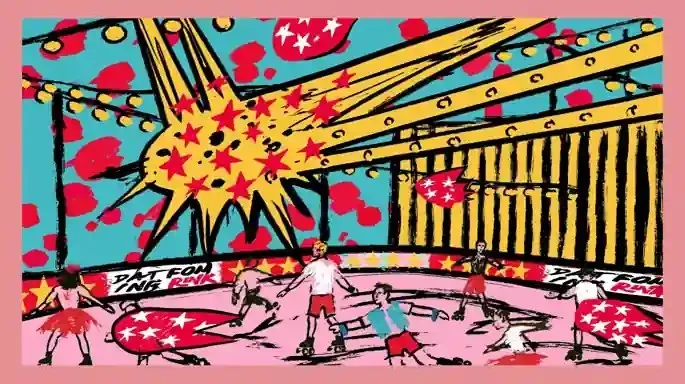 Midnight Roller Rink, a Midjourney sref remix: a midnight roller rink with comet-shaped lights and dancers in handmade costumes, playful illustration style