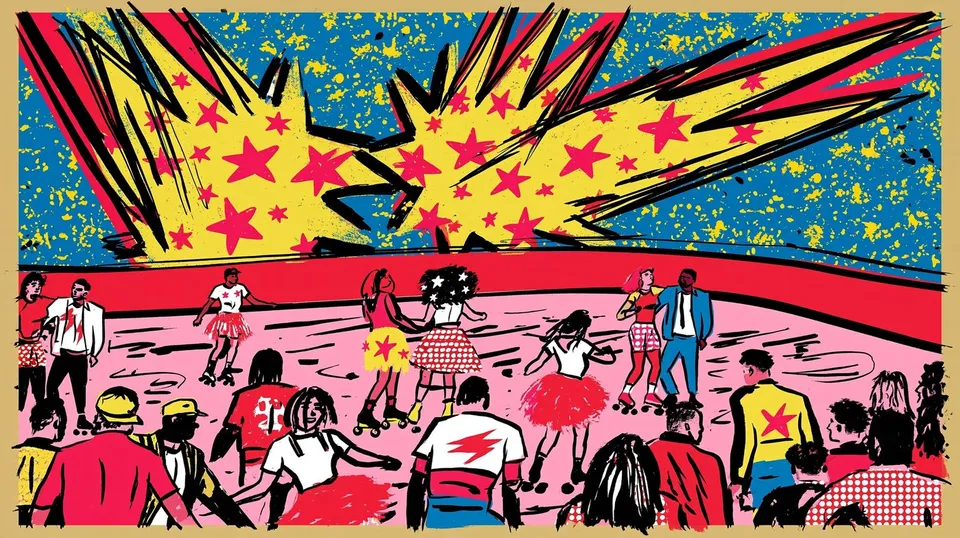 Midnight Roller Rink, a Midjourney sref remix: a midnight roller rink with comet-shaped lights and dancers in handmade costumes, playful illustration style