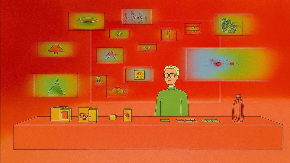 Quirky Bespectacled Man amid Floating Shapes, a Midjourney sref remix: quirky bespectacled man amid floating shapes, an interstellar museum kiosk cataloging mysterious folk artifacts, psychedelic pictograms presented inside a restrained monochrome science-fiction interface, surreal illustration style