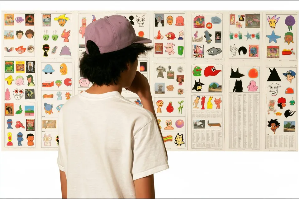 Festival Contact Sheet, a Midjourney sref remix: a young street-festival photographer seen from behind reviewing a wall of candid contact sheets, clean editorial framing punctuated by lively pop-culture collage, playful graphic style