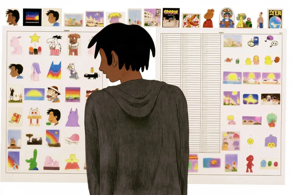 Festival Contact Sheet, a Midjourney sref remix: a young street-festival photographer seen from behind reviewing a wall of candid contact sheets, clean editorial framing punctuated by lively pop-culture collage, playful illustration style