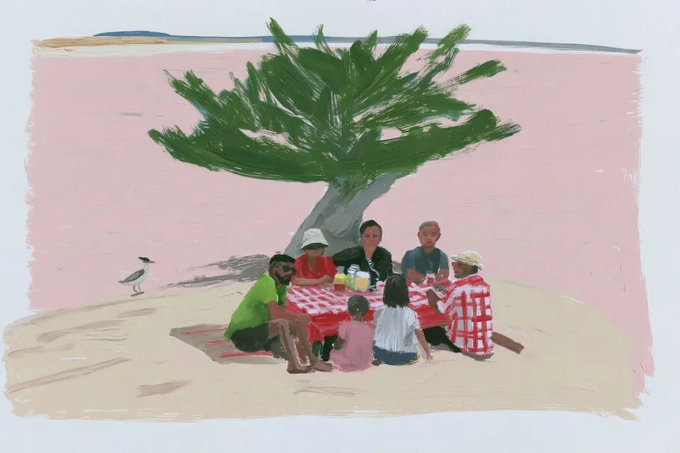 Multigenerational Family Sharing a Picnic, a Midjourney sref remix: a multigenerational family sharing a picnic on a rose-colored salt plain beneath one sculptural tree, intimate documentary portraiture inside a spare surreal landscape, dreamy paint style