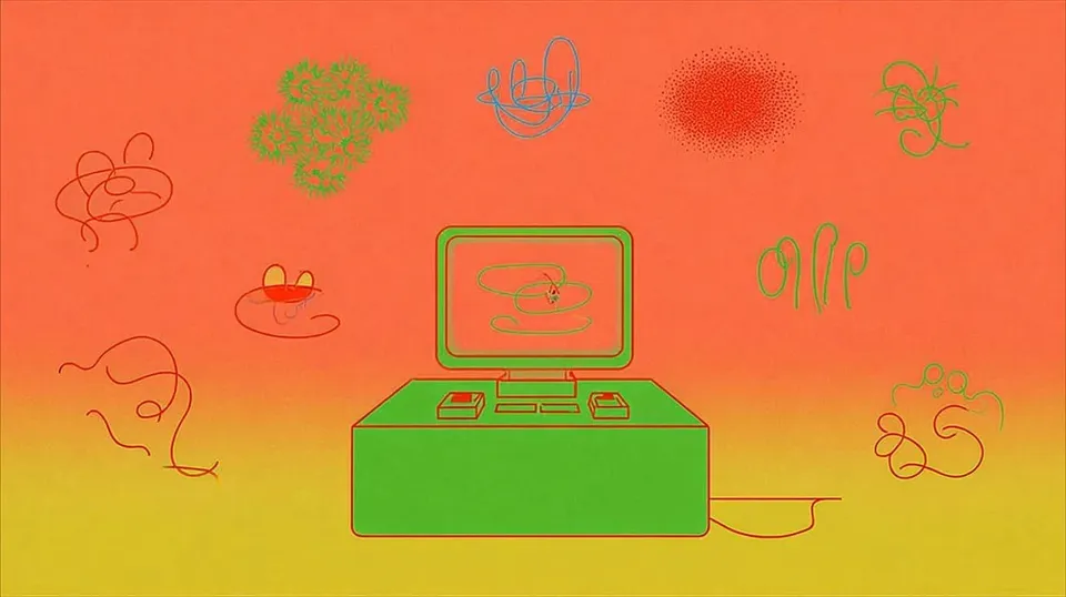 Interstellar Museum Kiosk Cataloging Mysterious Folk Artifacts, a Midjourney sref remix: an interstellar museum kiosk cataloging mysterious folk artifacts, psychedelic pictograms presented inside a restrained monochrome science-fiction interface, retro illustration style