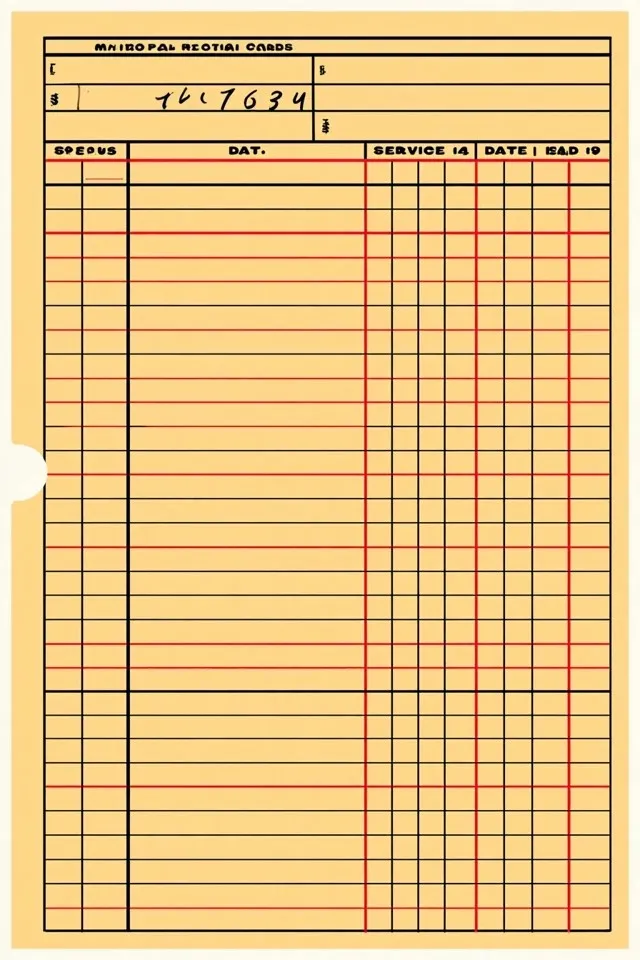 Municipal Water Meter Inspection Card, a Midjourney sref remix: municipal water meter inspection card, printed entry fields, handwritten serial number and reading history, service date lines, punched filing notch, archival card stock, retro graphic style