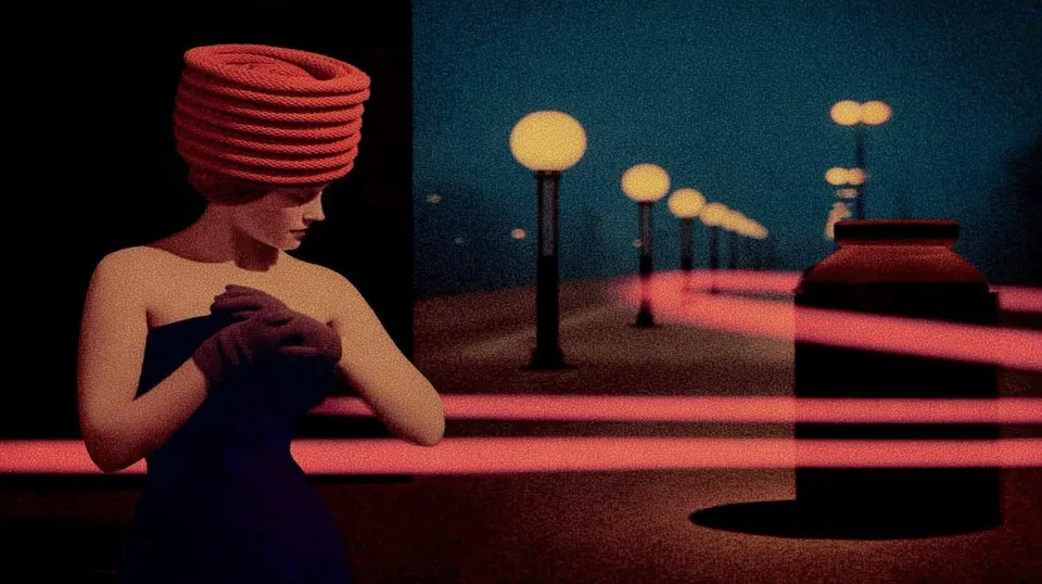 Graceful Model, a Midjourney sref remix: a graceful model in a sculptural coral headpiece crossing a glittering night boulevard, A cozy living-room scrapbook scene where a cheerful porcelain gnome peeks from a glass jar beside a smiling globe-woman cutout, cinematic light trails wrapping her couture gown, soft heavy film grain, all swirling with vintage spiral paper and warmed by pink knitted textures under a hazy pastel glow., cinematic 3D style