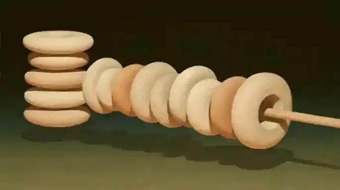 Space-Filling Curve as One Unbroken Line Sweeping 2, a Midjourney sref remix: a space-filling curve as one unbroken line sweeping through every cell of a dense grid, wooden stacking rings toy, turned wooden rings on a center post, unpainted natural wood, playful 3D style