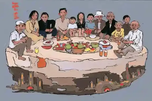 Multigenerational Picnic, a Midjourney sref remix: a multigenerational picnic on a floating island above a futuristic city, surreal illustration style