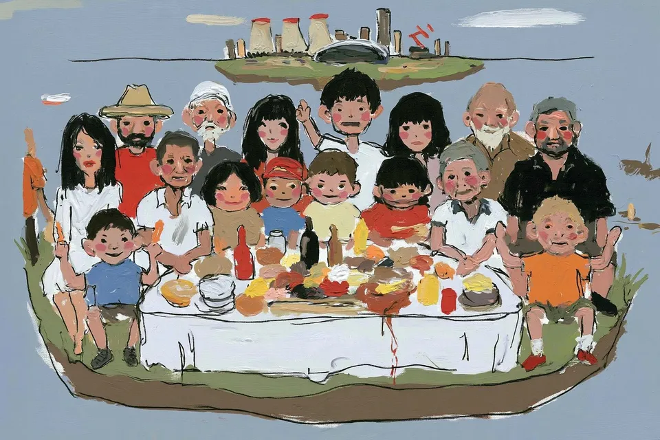 Multigenerational Picnic, a Midjourney sref remix: a multigenerational picnic on a floating island above a futuristic city, playful paint style