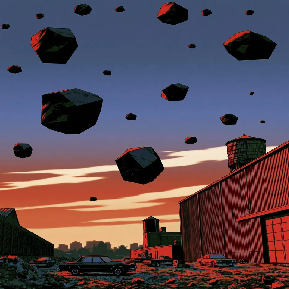 Feral Obsidian Satellites Conduct an Opera, a Midjourney sref remix: feral obsidian satellites conduct an opera through a silent film studio, before the city wakes, cinematic illustration style