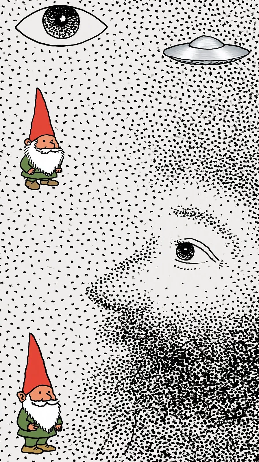 The Stippled Watchers, a Midjourney sref remix: A dreamy face built from thousands of tiny dots gazes toward a friendly gnome, a giant watchful eye, and a floating silver disc in a cool psychedelic collage., surreal illustration style
