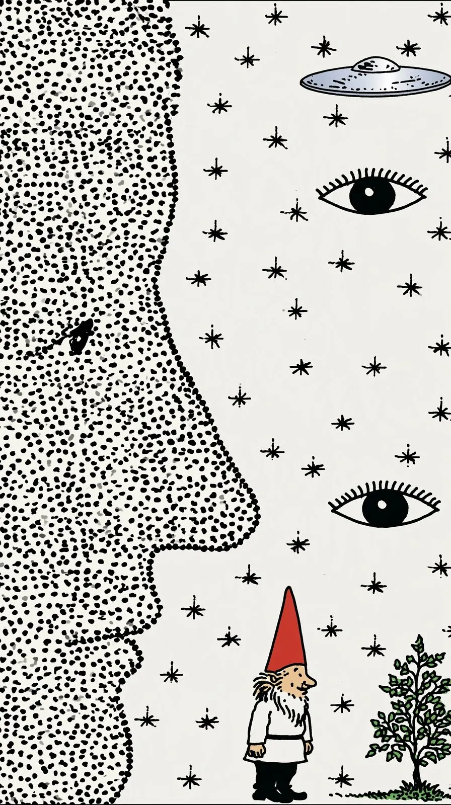 The Stippled Watchers, a Midjourney sref remix: A dreamy face built from thousands of tiny dots gazes toward a friendly gnome, a giant watchful eye, and a floating silver disc in a cool psychedelic collage., surreal illustration style
