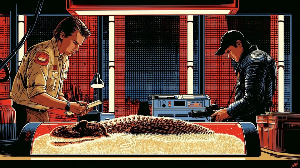 Desert Archaeologists, a Midjourney sref remix: desert archaeologists cataloging softly glowing fossils inside a midnight research bunker, sequential pulp-comic panels merged with cinematic armored 3D lighting, cinematic illustration style