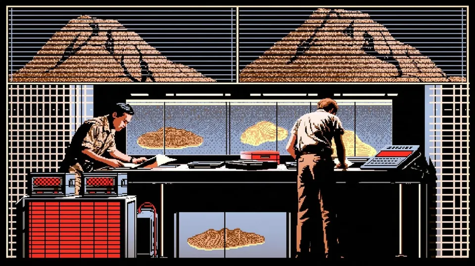 Desert Archaeologists, a Midjourney sref remix: desert archaeologists cataloging softly glowing fossils inside a midnight research bunker, sequential pulp-comic panels merged with cinematic armored 3D lighting, cinematic illustration style