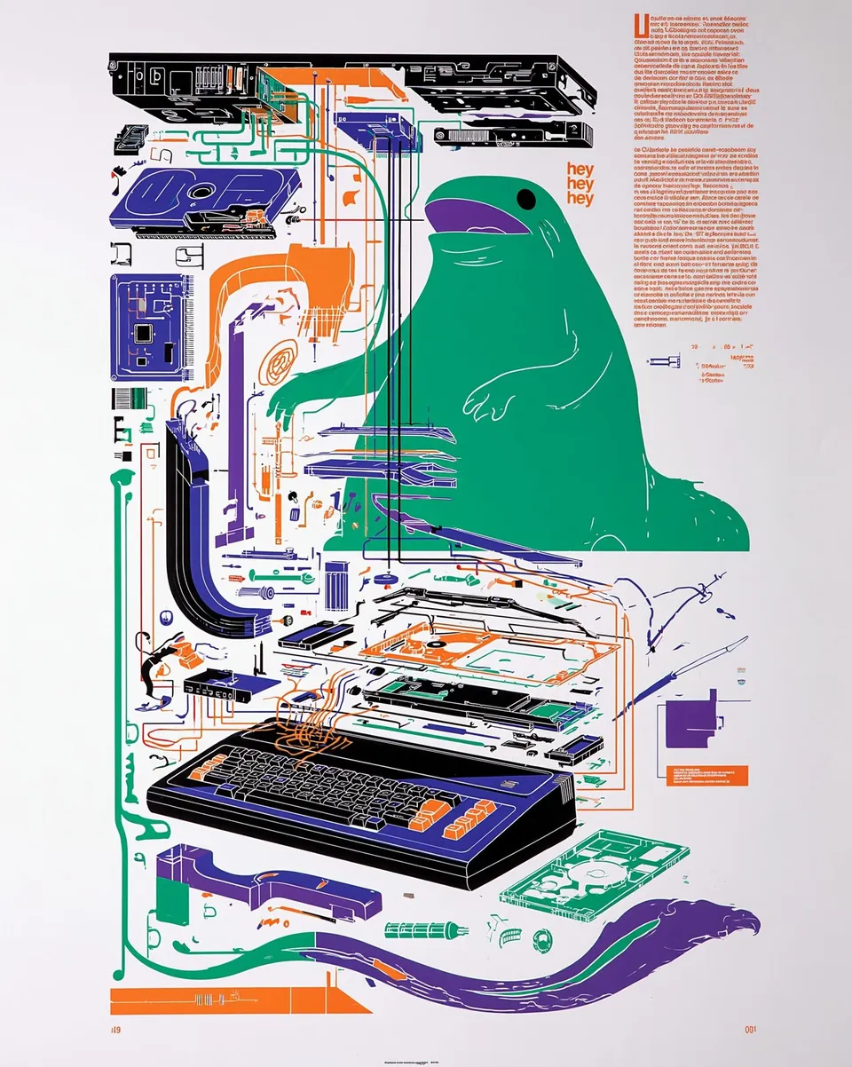 Mechanical Morning Shout, a Midjourney sref remix: A cheerful green monster belts a happy 'hey hey' beside an exploded technical diagram of a vintage laptop, its neat parts floating like friendly notes., playful illustration style