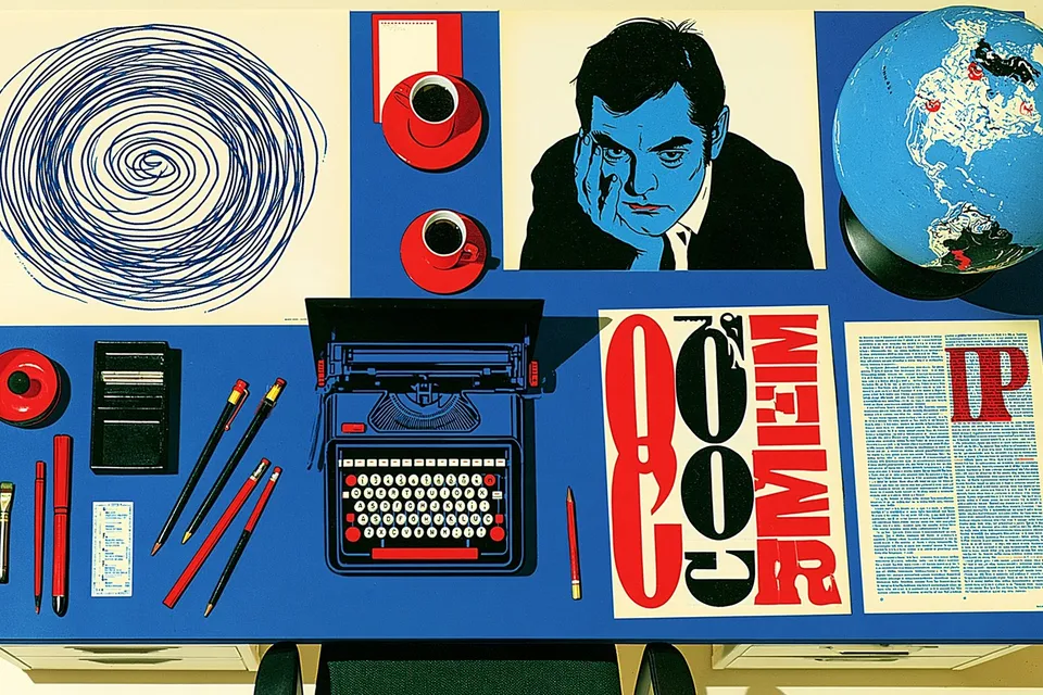 The Archivist's Notebook, a Midjourney sref remix: a quiet archivist's desk where a spiral sketch, a globe, and a pensive portrait in bold typography combine into a vintage paper collage, moody graphic design in forgiving pastels, retro graphic style