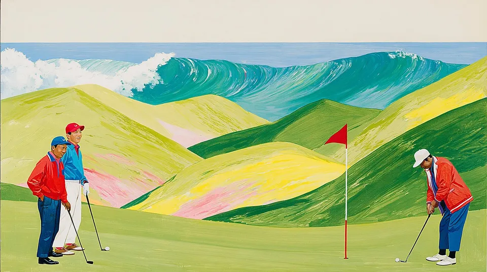 Game on the Green, a Midjourney sref remix: Two cheerful golfers line up a putt across rolling green hills while a calm, curling ocean-wave sky looms overhead in bright retro storybook style., playful illustration style