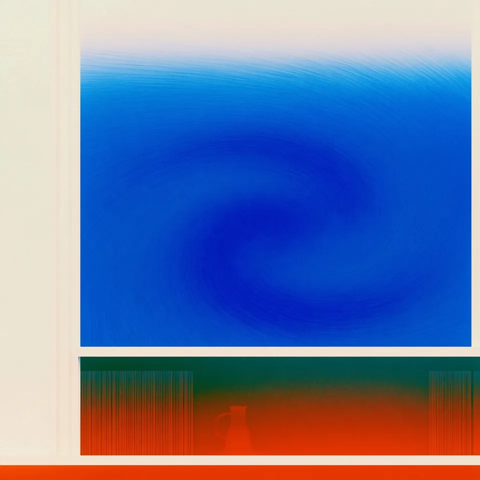 The Azure Signal Index, a Midjourney sref remix: a deep-blue energy vortex spinning behind a tidy sci-fi catalog interface, sweeping painterly motion held inside clean monochrome panels, dreamy paint style