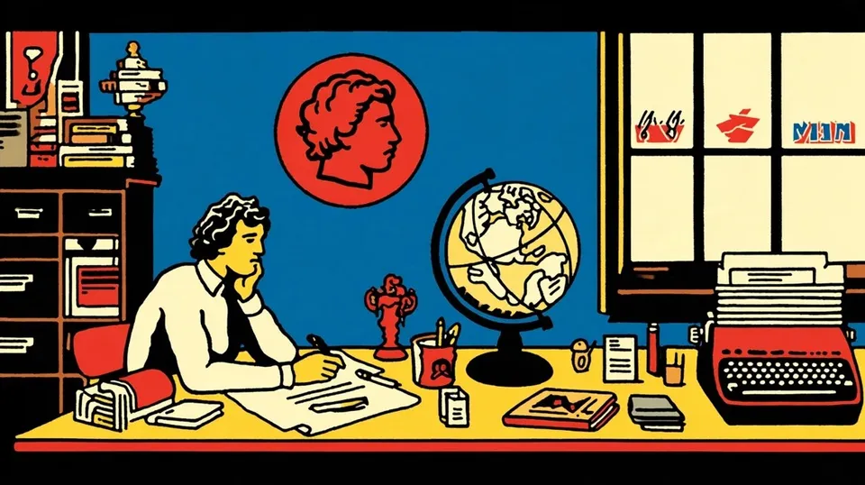 Quiet Archivist's Desk, a Midjourney sref remix: a quiet archivist's desk where a spiral sketch, a globe, and a pensive portrait in bold typography combine into a vintage paper collage, moody graphic design in forgiving pastels, retro illustration style