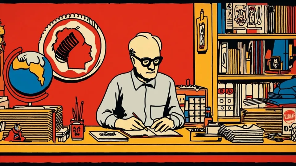 Quiet Archivist's Desk, a Midjourney sref remix: a quiet archivist's desk where a spiral sketch, a globe, and a pensive portrait in bold typography combine into a vintage paper collage, moody graphic design in forgiving pastels, retro illustration style