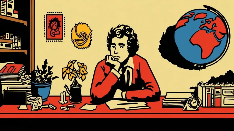 Quiet Archivist's Desk, a Midjourney sref remix: a quiet archivist's desk where a spiral sketch, a globe, and a pensive portrait in bold typography combine into a vintage paper collage, moody graphic design in forgiving pastels, retro illustration style