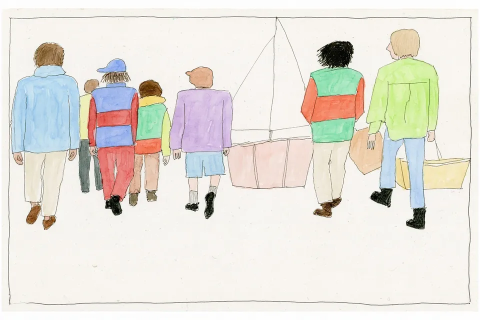 Teen Sailors Walking Home from a Small, a Midjourney sref remix: teen sailors walking home from a small harbor regatta, viewed from behind, loose watercolor reportage sharpened by bold color-block sportswear, playful illustration style