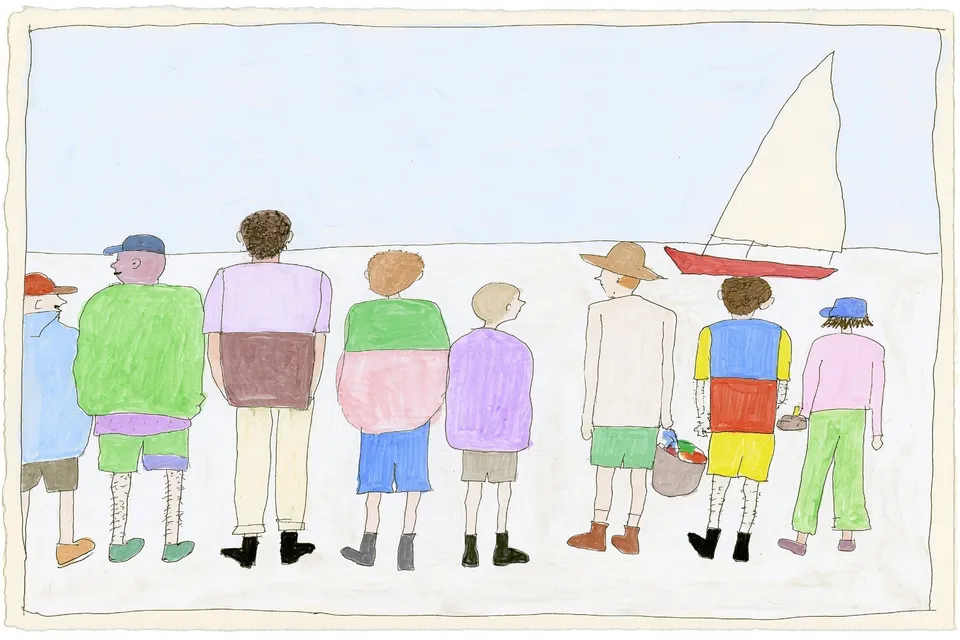 Teen Sailors Walking Home from a Small, a Midjourney sref remix: teen sailors walking home from a small harbor regatta, viewed from behind, loose watercolor reportage sharpened by bold color-block sportswear, playful illustration style