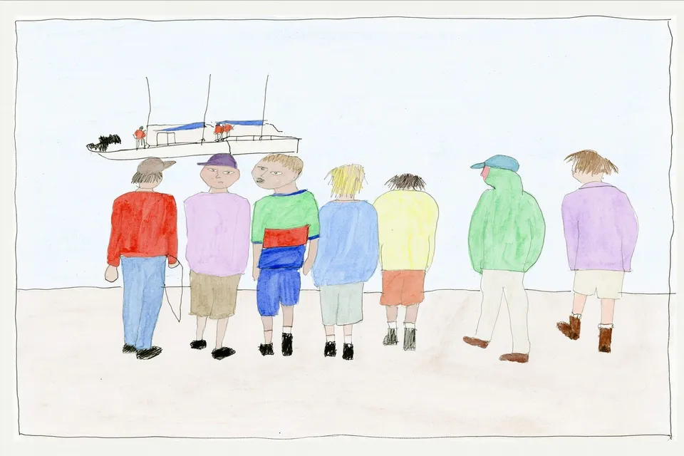Teen Sailors Walking Home from a Small, a Midjourney sref remix: teen sailors walking home from a small harbor regatta, viewed from behind, loose watercolor reportage sharpened by bold color-block sportswear, playful illustration style
