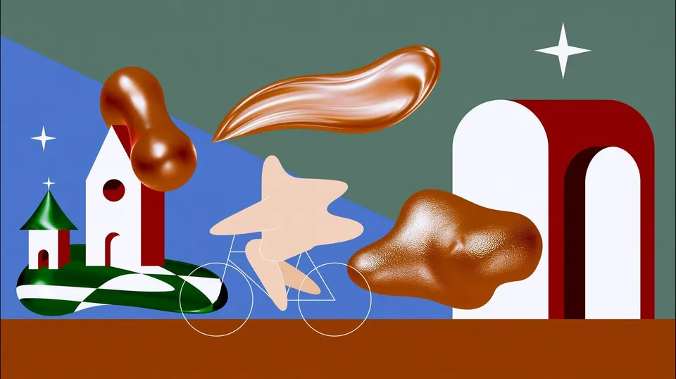 Courier across the Chess Garden, a Midjourney sref remix: a celestial bicycle courier crossing a floating checkerboard garden between tiny temples, dreamlike storybook architecture and tactile retro 3D forms, surreal illustration style