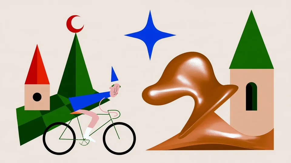 Courier across the Chess Garden, a Midjourney sref remix: a celestial bicycle courier crossing a floating checkerboard garden between tiny temples, dreamlike storybook architecture and tactile retro 3D forms, surreal illustration style