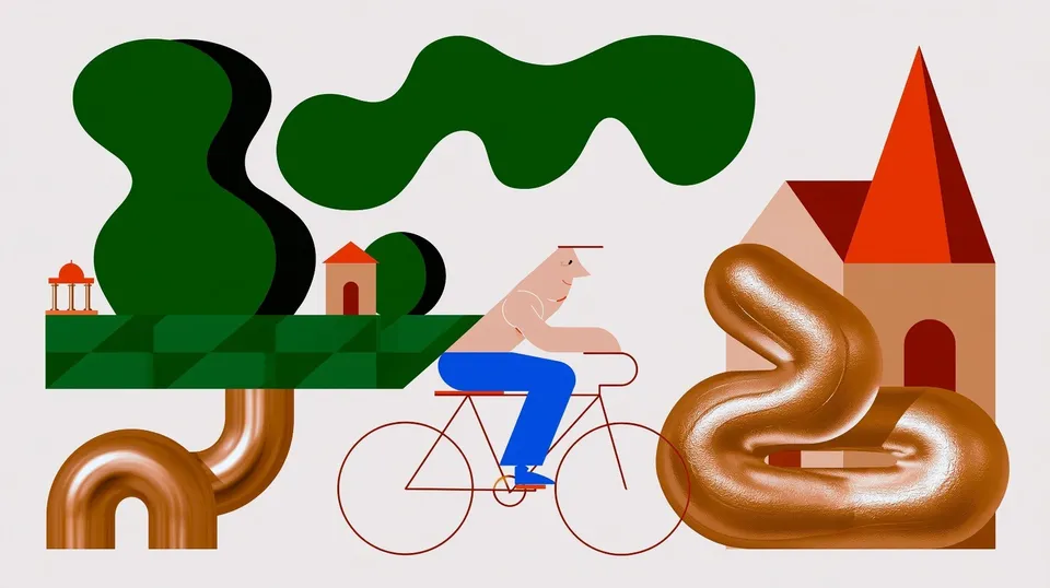 Courier across the Chess Garden, a Midjourney sref remix: a celestial bicycle courier crossing a floating checkerboard garden between tiny temples, dreamlike storybook architecture and tactile retro 3D forms, surreal illustration style