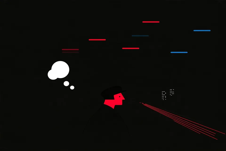 Curious Inventor Watching Glowing Thought-Bubbles, a Midjourney sref remix: a curious inventor watching glowing thought-bubbles stream like highway light trails above a dark city street, playful whimsy in crisp graphic ink, cinematic illustration style