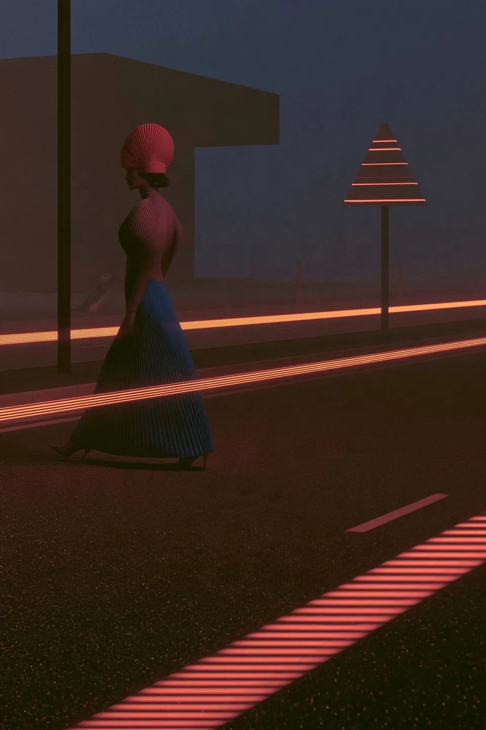 Coral Crown at Midnight, a Midjourney sref remix: a graceful model in a sculptural coral headpiece crossing a glittering night boulevard, cinematic light trails wrapping her couture gown, soft heavy film grain, cinematic illustration style