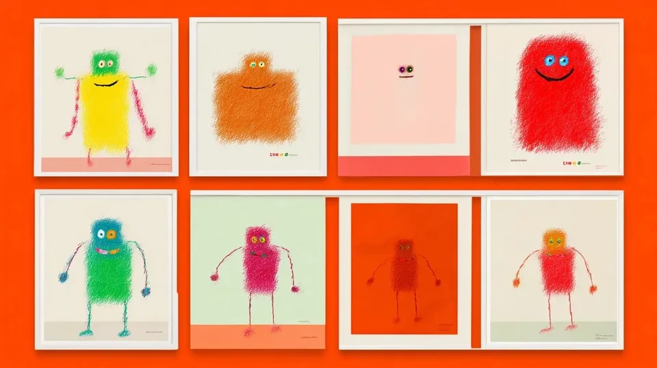 Cheerful Crayon, a Midjourney sref remix: a cheerful crayon drawing of a friendly robot gallery laid out like a tidy science-fiction menu, rainbow scribble textures inside clean monochrome frames, playful illustration style